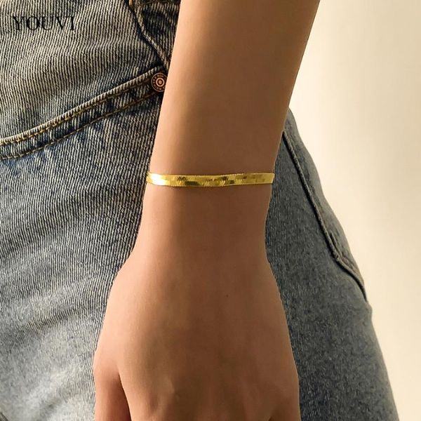 

link, chain youvi plated flat snake bracelets bangles for women herringbone men bracelet accessories lovers jewelry charms gift, Black