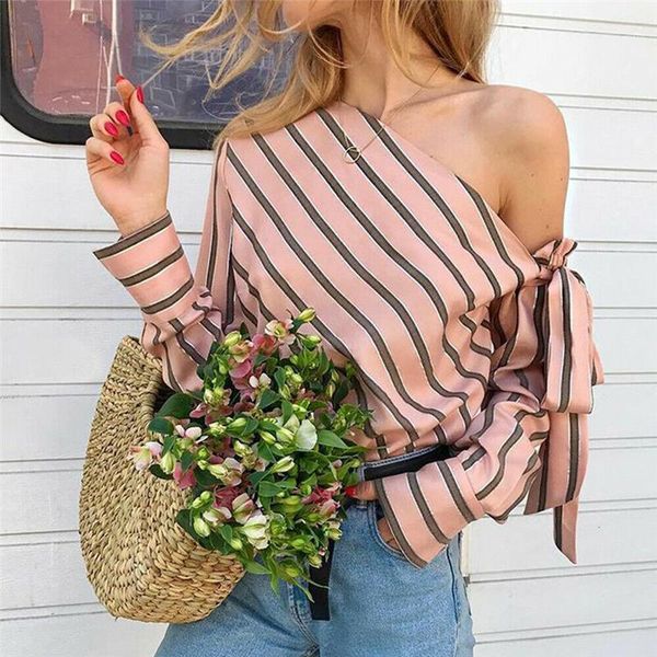 

stand collar womens blouses elegant women shirts summer one shoulder stripe blouse camisa feminina long sleeve ladies print, White
