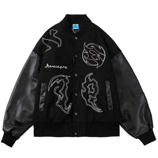 Hip Hop Baseball Jaqueta Casaco Homens Carta Embroidery Streetwear De Couro Manga Patchwork Varsity Fashion Vintage 211217