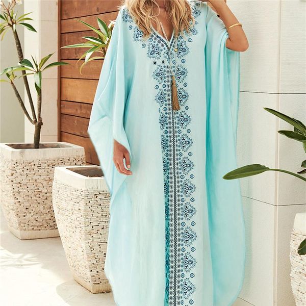 Algodão Kaftan Beach Vestido Azul Túnica Mulheres Verão Plus Size Beachwear Impresso Caftan Swimsuit Cover-Ups Longo Robe de Plage Sarongs