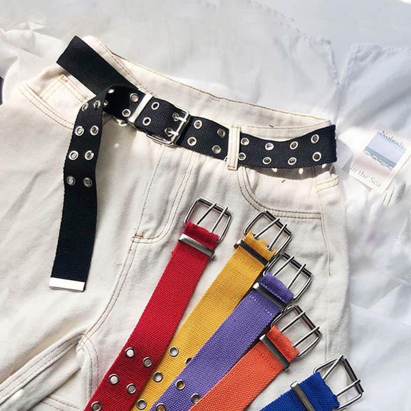 

belts punk casual canvas belt double row of holes pin square buckle waist strap white black student women men jeans waistband, Black;brown