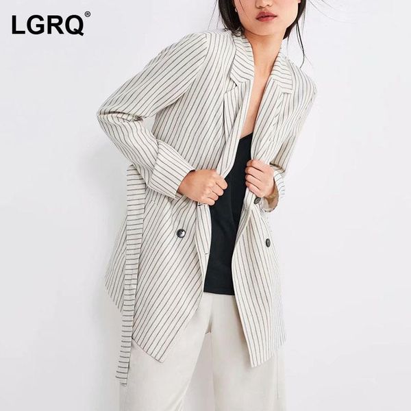

women's suits & blazers [lgrq] women striped casual bandage blazer notched neck long sleeve loose fit jacket fashion tide spring autumn, White;black