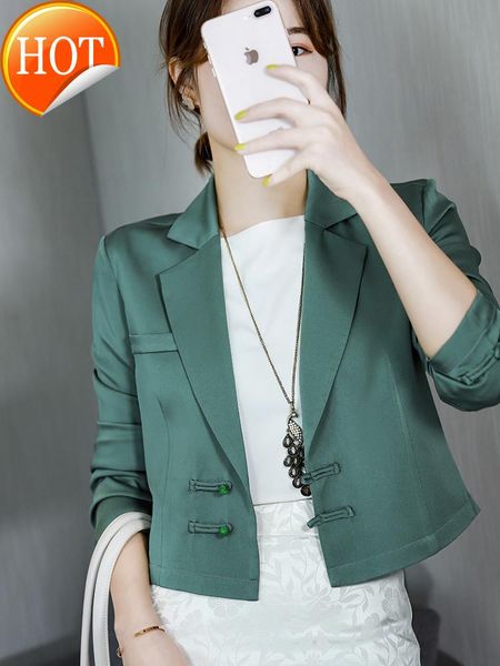 

silk high-quality short suit coat women's lapel slimming waist tight buckle design men's suits & blazers, White;black