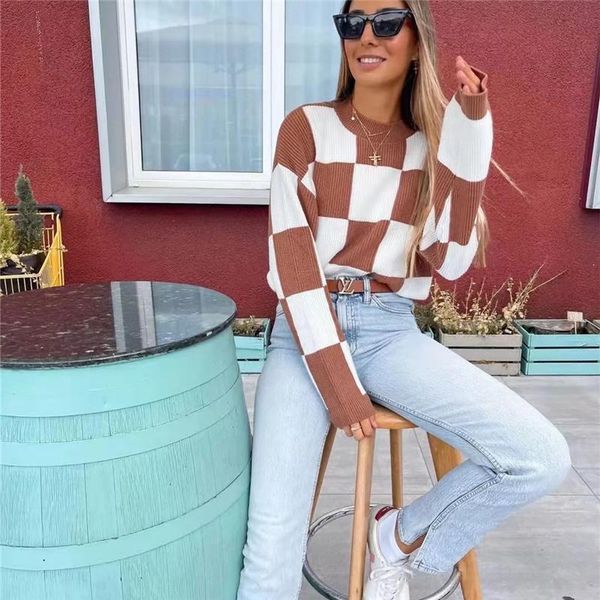 

women's sweaters woman vinatge brown loose plaid sweater 2021 autumn female oversized knitted pullover ladies long sleeve patchwork, White;black