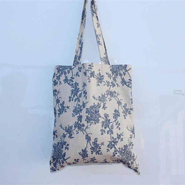 

shopping bags yile handmade cotton linen eco reusable tote carrying bag floral blue jr420
