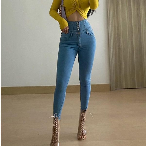 

women's jeans womengaga girl high waist front buckle bandage skinny slim body small feet tight pencil pants female trousers korean b7b7, Blue