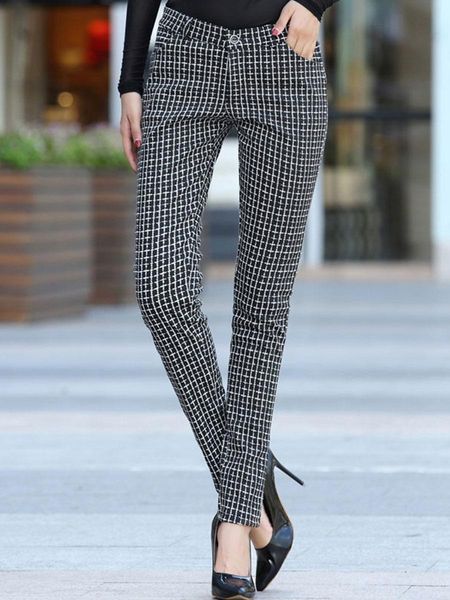 

winter warm thicken fleece women capris casual high waist houndstooth plaid print fashion fall office ladies elegant plus size 3xl, Black;white