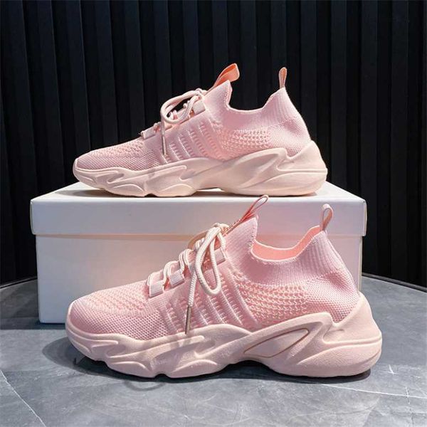 

a1 spring white platform sneakers women casual shoes korean breathable knitting sock ladies pink lace up 2021