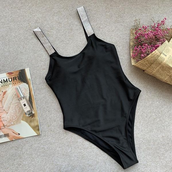 

one-piece suits solid push up one piece swimsuit women high waist swimwear bling shoulder strap bathing suit maillot de bain