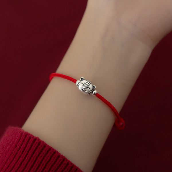 

s999 sterling silver tiger red thread rope bracelets for women cute animal string bangles fine jewelry adjustable girl gifts new, Black