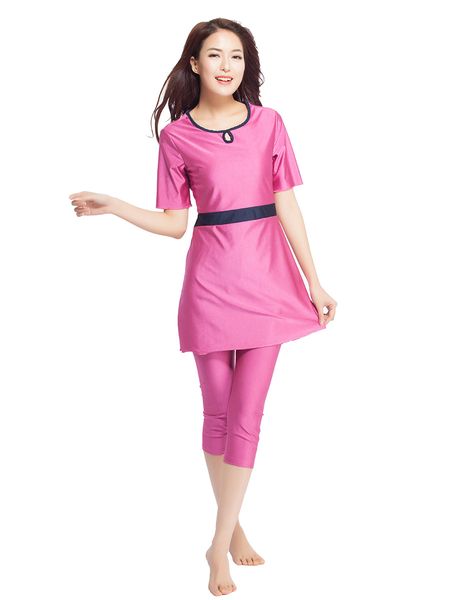 

dubai modest women swimwear two-piece suits splice swim wear burkini muslim swimsuits traditional swim surf wear sport burkinis, Red