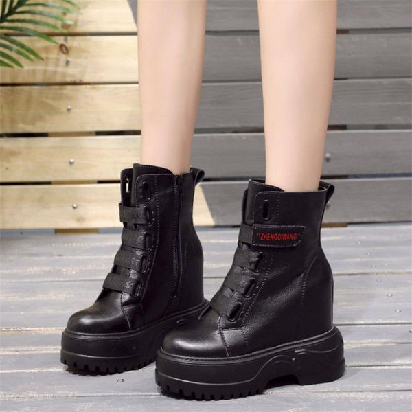 

boots fashion sneakers women genuine leather chunky high heels motorcycle female round toe platform wedges pumps shoes, Black