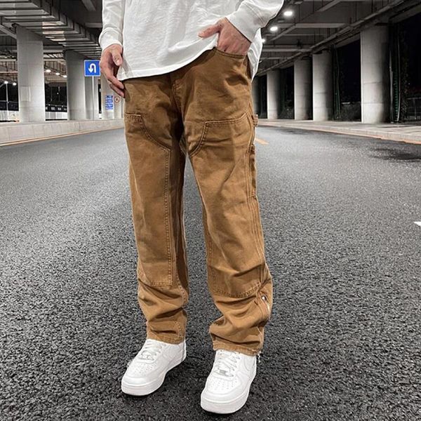 

men's pants harajuku ankle zipper logging overalls mens straight streetwear oversized retro baggy cargo loose casual trousers, Black