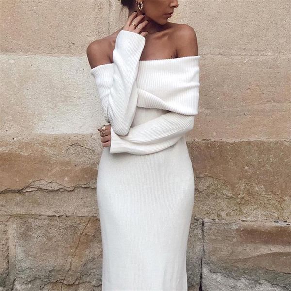 

vintage elegant off the shouder womens dress bomb knitted long spring fashion ladies slim chic female stylish, Black;gray