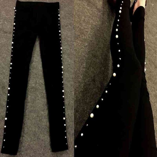 

women leggings rhinstone trousers cotton stretch rivet beading pant, Black