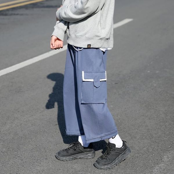

men's pants hzirip black trousers spring and autumn 2021 youth causal loose pockets elastic waist tie high vintage patchwork cargo