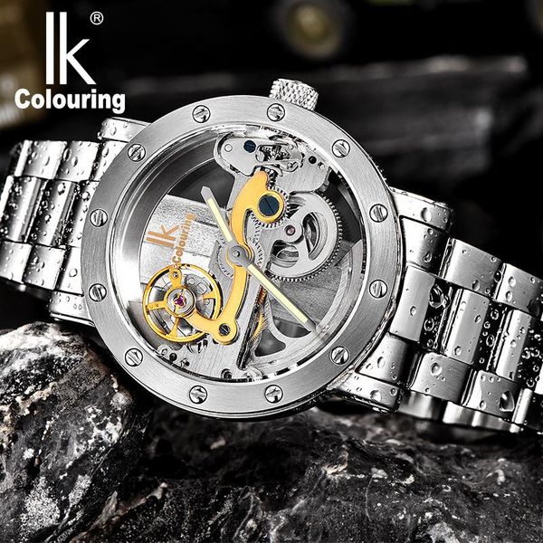 

wristwatches ik colouring luxury tourbillon men's automatic watch skeleton 5atm waterproof men mechanical watches stainless steel brand, Slivery;brown