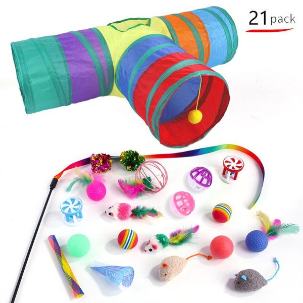 

cat toys 21pcs toy set, rainbow three-channel tunnel, fun feather balls mice shape pet interactive play supplies