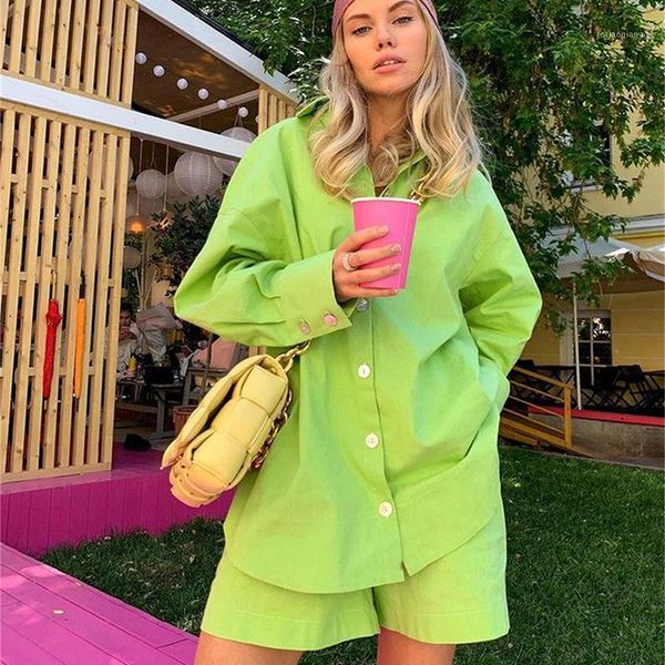 

women's tracksuits kalenmos 2021 short sets loose solid color lapel long-sleeved oversized single-breasted shirt elastic waist wide-leg, Gray