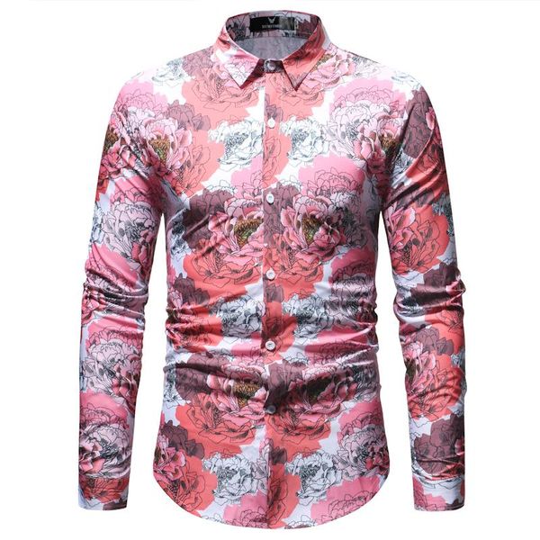 

men's casual shirts spring autumn floral print men long sleeve mens shirt slim flower printing dress camisa masculina, White;black