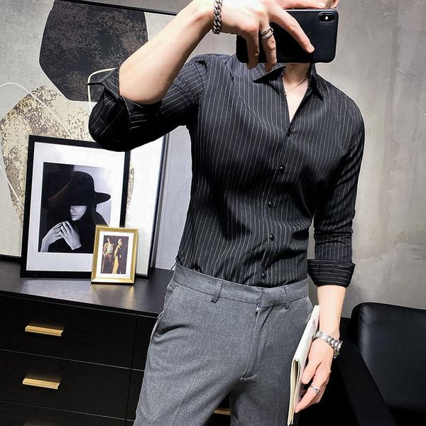 

men's casual shirts men shirt spring british lapel slim large v-neck versatile striped wide collar black clothing fashion, White;black
