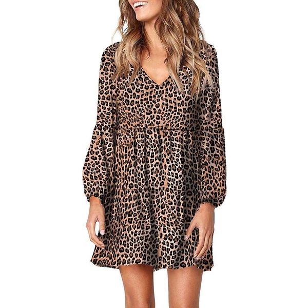 

casual dresses leopard printed ruffles long sleeve women streetwear harajuku lantern sleeves mini dress tunic loose vestidos, Black;gray