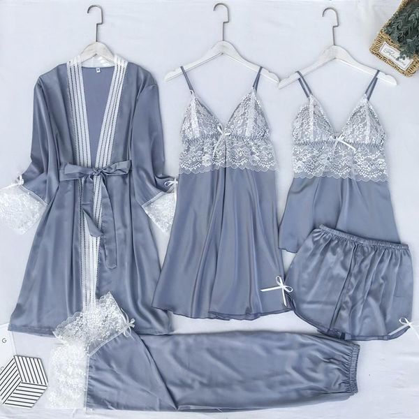 

gray womens sleepwears nightgown set women 5pcs lace nightwear v neck flower pajamas suit homewear spring lady sleepwear robe gown, Black;red