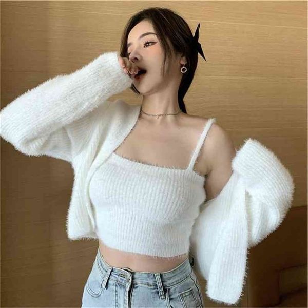 

cardigan spring jacket women's knitted camisole sweet all-match soft and waxy sweater short trend 210914, White;black