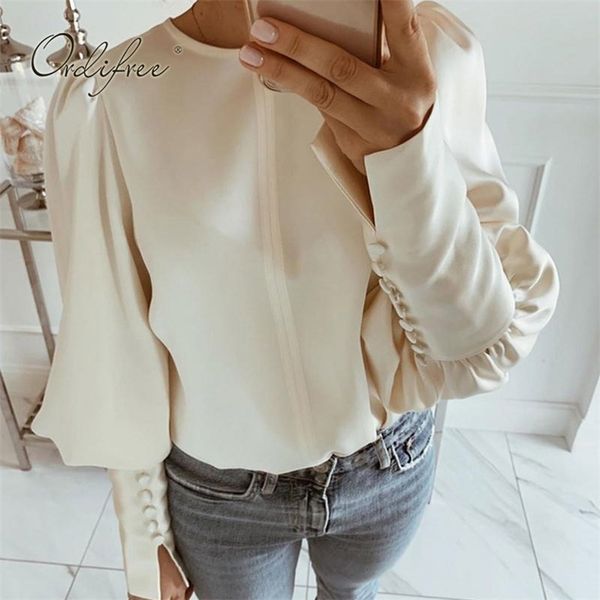 

summer fashion women blouse shirt long sleeve casual satin female 210513, White