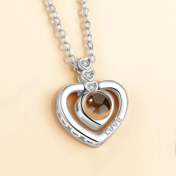 

chains fashion heart jewelry lover necklace with 100 language i love you stainless steel pendant valentine day gift necklaces for women, Silver