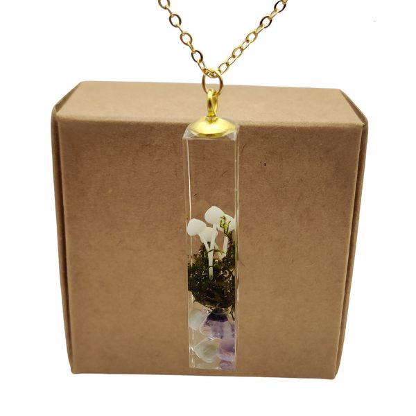 

paddestoel 3d bos landschap transparante kubus hars goud kleur hanger ketting lange vrouwen boho mode-sieraden bohemian, Silver