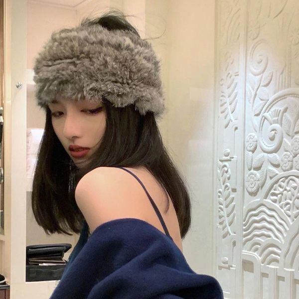 

beanie/skull caps net celebrity with the same headband knitted hat fur scarf warm empty plush autumn and winter all-match, Blue;gray