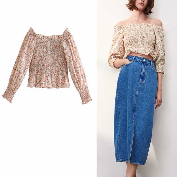

za floral print cropped blouse women long puff sleeve smocked elastic vintage summer shirt female chic ruffle button up 210602, White