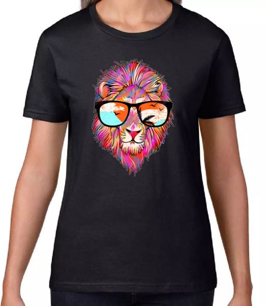 

fan lion with glasses cool art graphic design t shirt. female, White;black