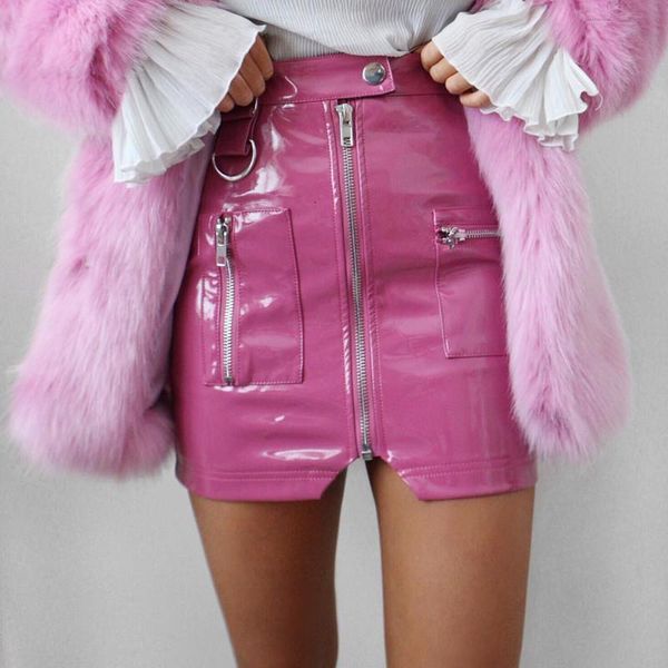 

womens fashion pu leather high waist skirt zipper fake pockets streetwear a line skirt split pink mini skirts, Black