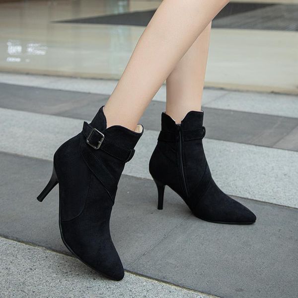 

boots fashion simple ankle super high heel suede buckle pointed pedicure was thin nightclub booties mujer 31-43 black red