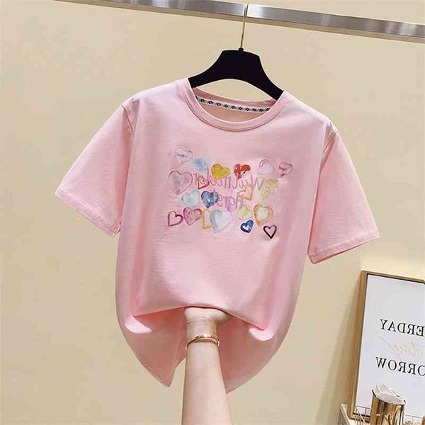 

women's t-shirt fashion letter heart cotton t shirt woman elegant loose baggy short sleeve o-neck thin white summer clothes f