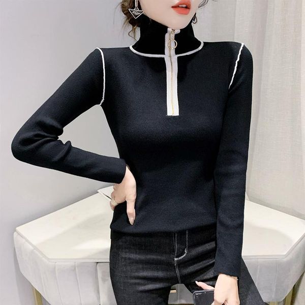 

women's sweaters fall winter knit turtleneck sweater korean clothes women chic color blocking zipper long sleeve bottoming shirt, White;black