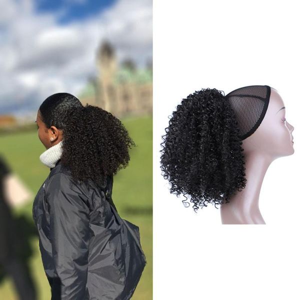 

synthetic wigs lydia 18" with two plastic combs puff ponytail afro kinky curly hair clips in hairpiece for african american, Black
