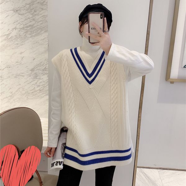 

design high neck knitted vest sweater women's college stripe stitching fake two-piece shoulder in autumn and winter, White
