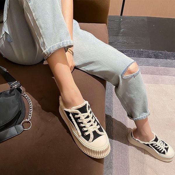 

slippers thick bottom muffin canvas spring and summer versatile leisure breathable lazy baotou half women, Black