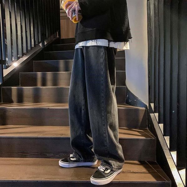 

men's jeans casual spring/autumn straight leg pants youth hong kong retro fashion brand all-match drag floor wide legs dad men, Blue