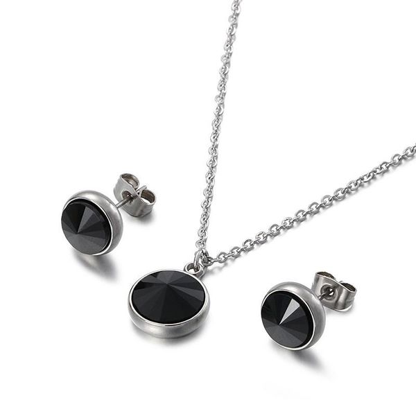 

earrings & necklace zircon stud titanium steel female simple forest temperament lady jewelry set, Silver