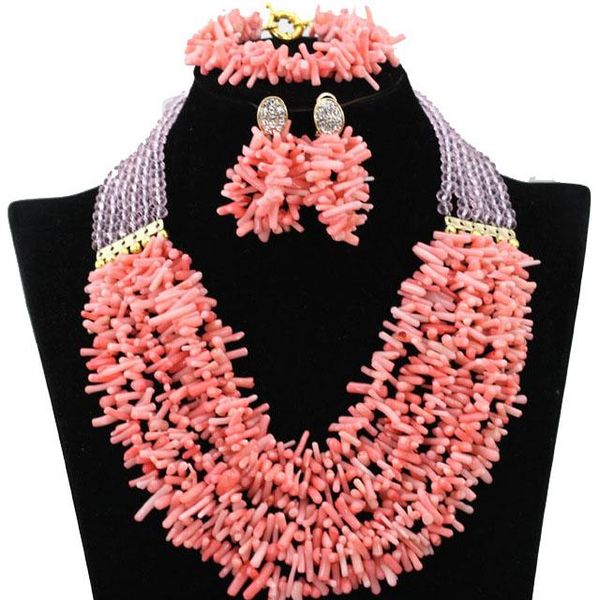 

earrings & necklace gorgeous light pink african crystal beads jewelry set coral nigerian wedding engagement cb68, Silver