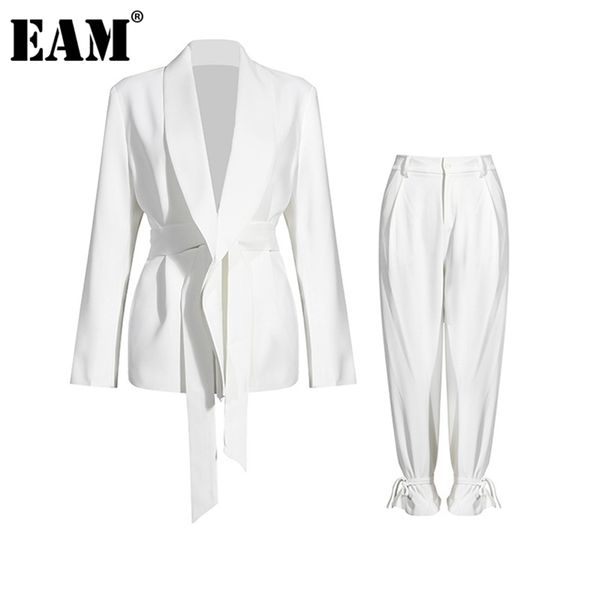 

[eam] wide leg pants big size bandage two piece suit lapel long sleeve loose fit women fashion spring autumn 1da241 210709, White