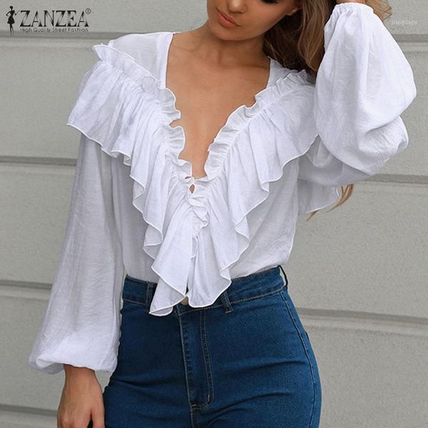 

casual solid shirts women v neck blouses zanzea puff sleeve ruffle-trim ol loose chemise low-cut tunic blusa 5xl women's &, White