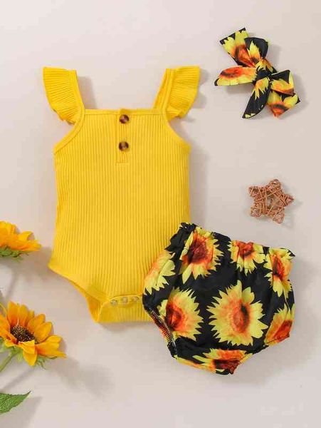 

baby ruffle trim bodysuit & sunflower print shorts with headband she, White