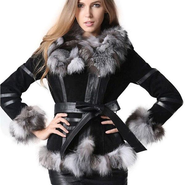 

women's fur & faux genuine leather , with a collar, plus size, natural skin and winter clothing, Black