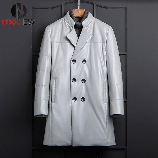 

men's leather & faux brand genuine down coat men winter double breasted warm thicken slim outerwear fashion plus size sheepskin jacket, Black