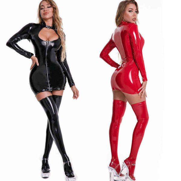 Frauen Sexy Kunstleder Latex Bodycon Minikleid Schwarz Langarm Frontreißverschluss Low Cut Party Nachtclub Elegantes Kleid Vestidos Y1204